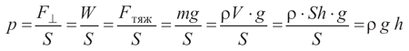 Форм. 4.6. Способ вывода формулы для подсчёта гидростатического давления — частного случая формулы p = F/S.