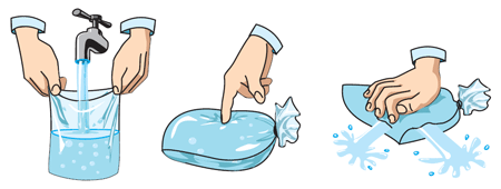 Рис. 4.8. Если надавить на пакет с водой, то он лопнет. Но не обязательно в том месте, где на него давят, а там, где наименее прочен. Следовательно, давление, создаваемое рукой на пакет, распространяется по воде и достигает других частей пакета.