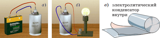 Конденсатор способен запасать электрическую энергию, например, от батарейки. Присоединённая лампочка превратит запасённую конденсатором электрическую энергию в тепловую и световую. Справа показано внутреннее устройство электролитического конденсатора: плотный рулон из фольги и тончайшей бумаги, пропитанной специальной электропроводящей жидкостью — электролитом.