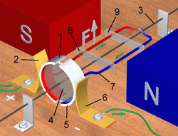 Рис. 10.17. Модель электродвигателя, работающего на постоянном токе. S и N — полюсы магнита, F — сила, действующая на одну из сторон рамки с током в магнитном поле.