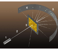 Схема опыта Резерфорда по рассеянию альфа-частиц тонкой золотой фольгой. В виде полукруга расположен экран, который светится в местах попадания на него альфа-частиц.